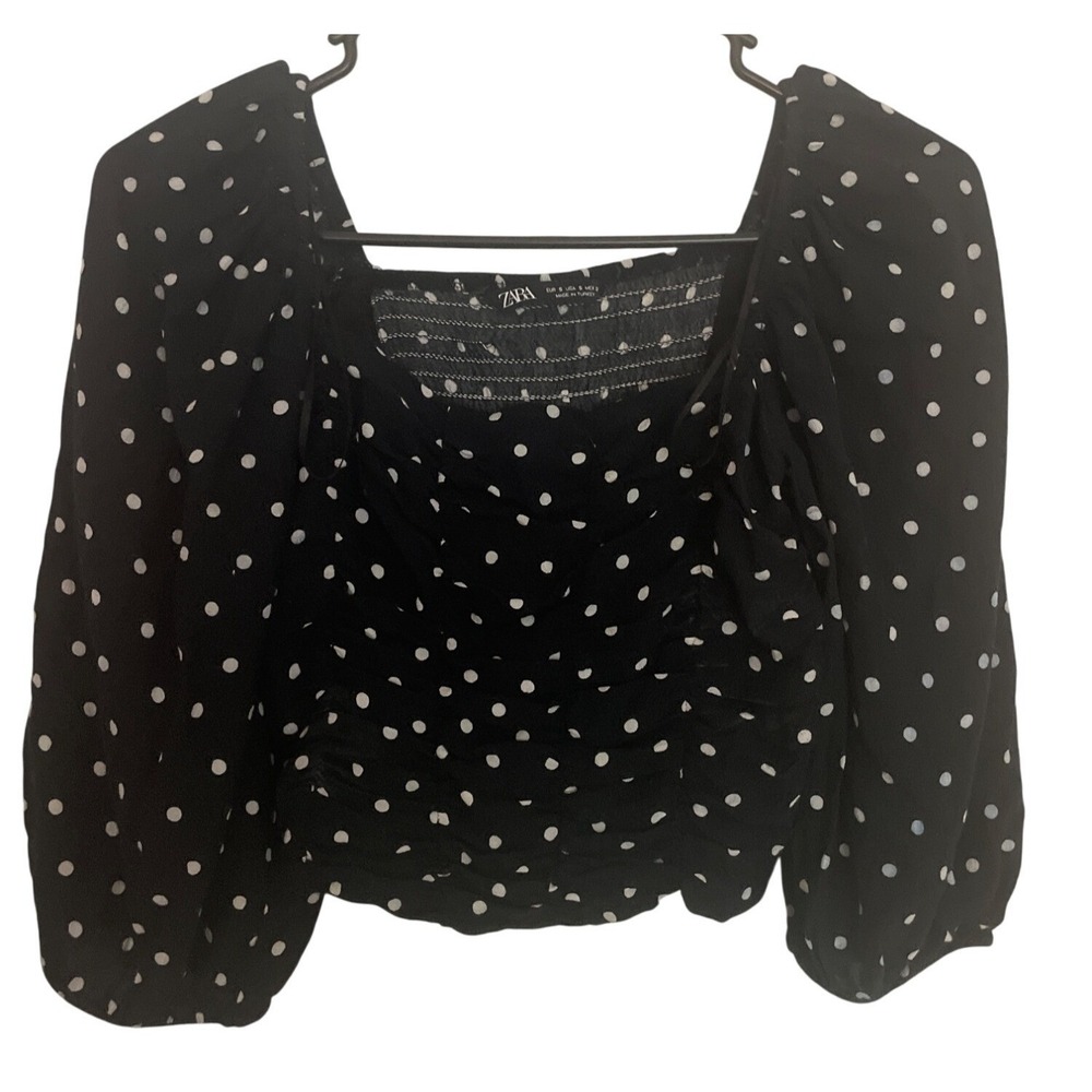 Zara Women Blouse Polka Dot Ruched Puff Sleeve S Black Parisian Retro Chic